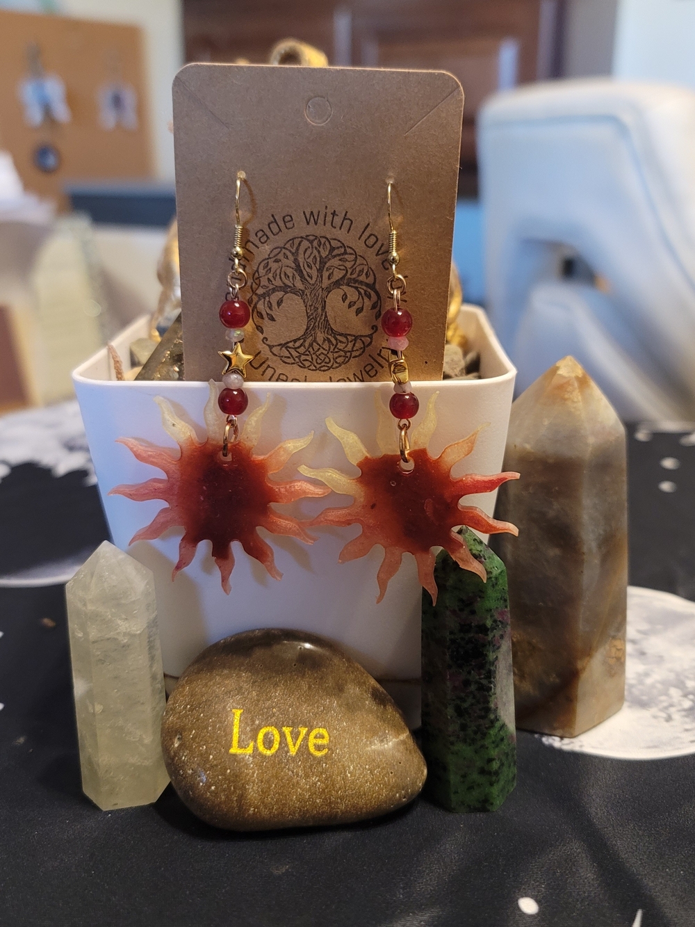 Handmade Red Ruby Sun Dangle Earrings